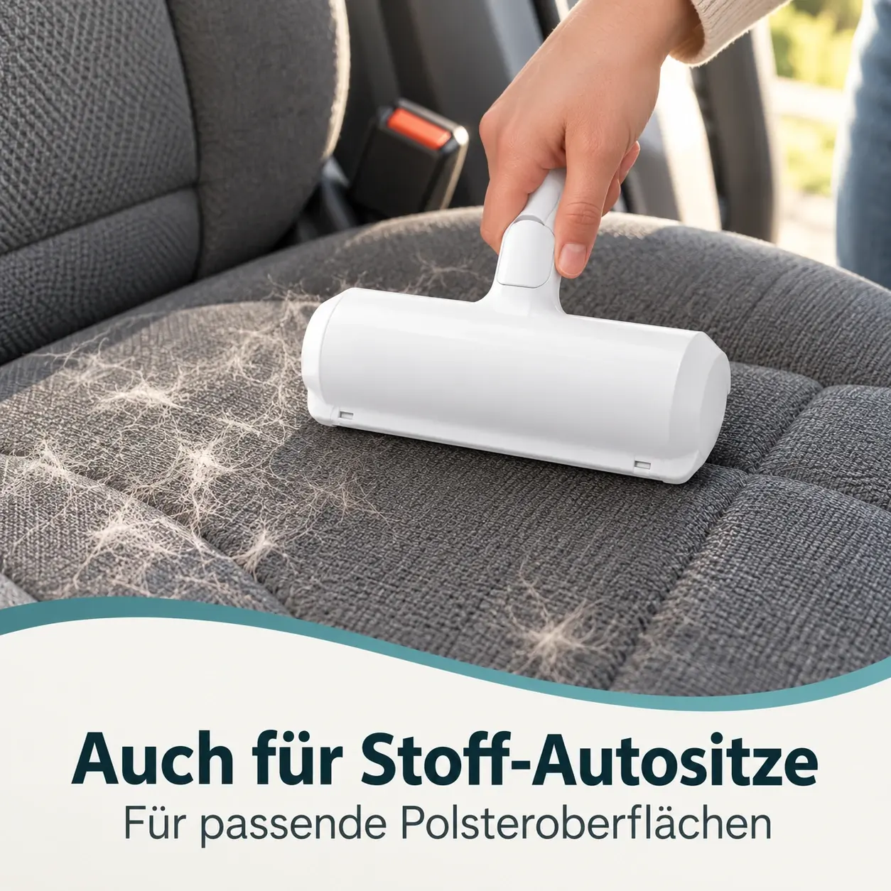 Der Tierhaarentferner wird über einen grauen Stoff-Autositz mit einzelnen Tierhaaren geführt. Text im Bild: „Auch für Stoff-Autositze – Für passende Polsteroberflächen“.